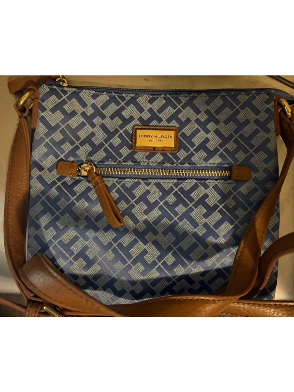 Tommy Hilfiger Blue & Brown Crossbody Bag With Adjustable Strap